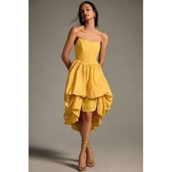Anthropologie Yellow Strapless Ruched Hi-Low Corset Gown Size M Wedding Guest - Picture 2 of 7